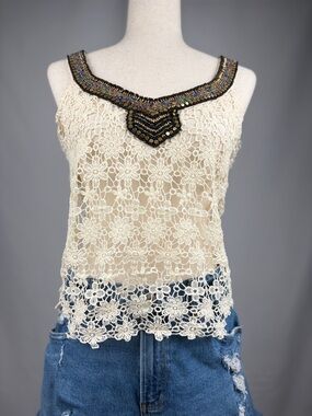 Shyanne Lace Tank Top Beaded Neckline Boho Festival Size M